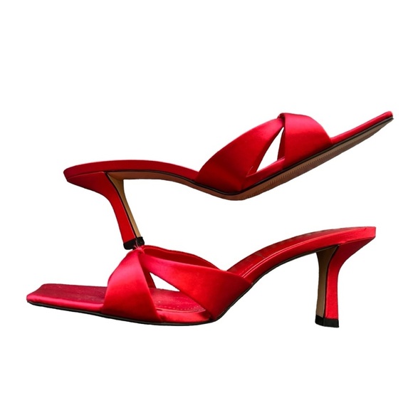Zara - Red Satin Effect Toe Loop Square Heels Sandals Sz 38 - Picture 10 of 11